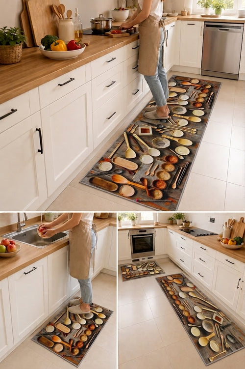 Kitchen utensil print mat set with a long runner and small mat in a kitchen