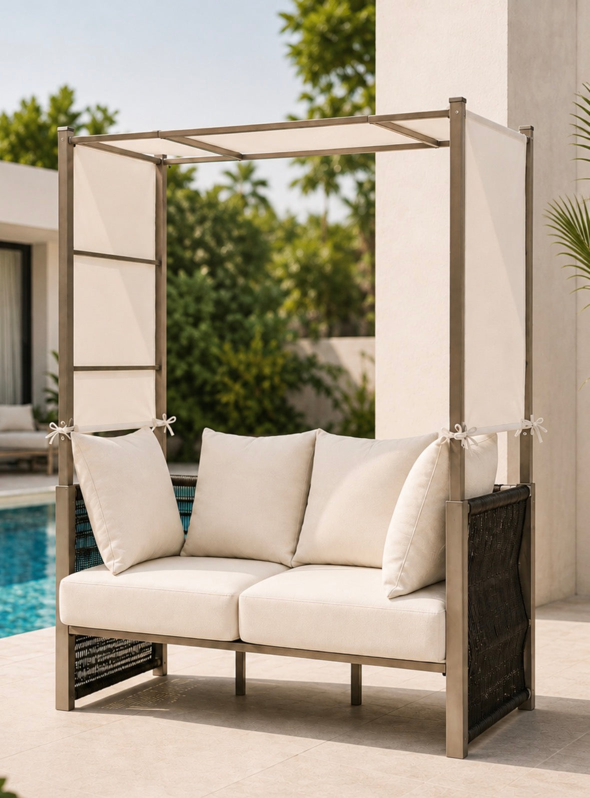 Love Canopy 2-seater outdoor sofa with cushions and side curtains 