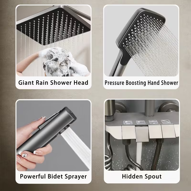 Matte black rainfall shower system showing rainfall shower head, handheld shower, bidet spray and hidden waterfall spout.