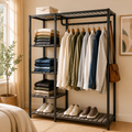 Metal closet with a hanging rail, multiple storage shelves, and lower shoe storage for organizing clothes, shoes, and accessories.