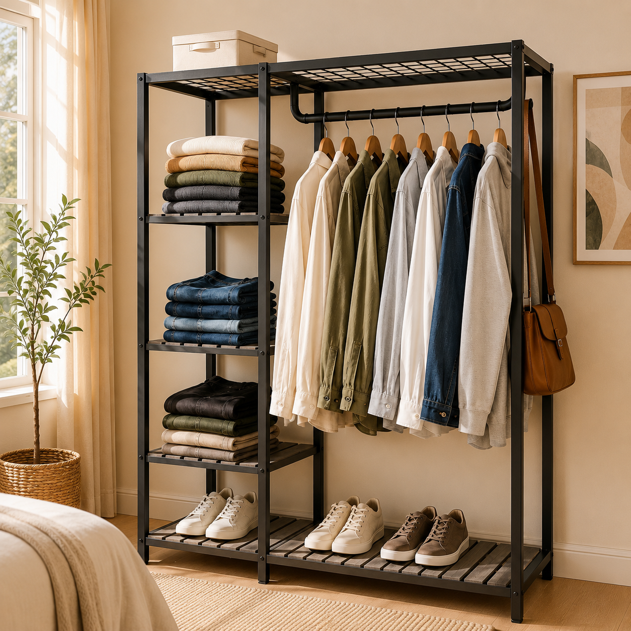 Metal closet with a hanging rail, multiple storage shelves, and lower shoe storage for organizing clothes, shoes, and accessories.