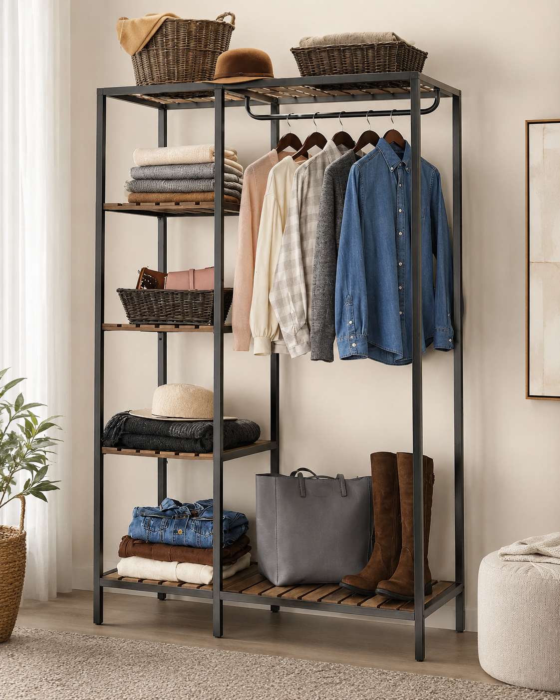 Metal clothes rack wardrobe with hanging rail and storage shelves1