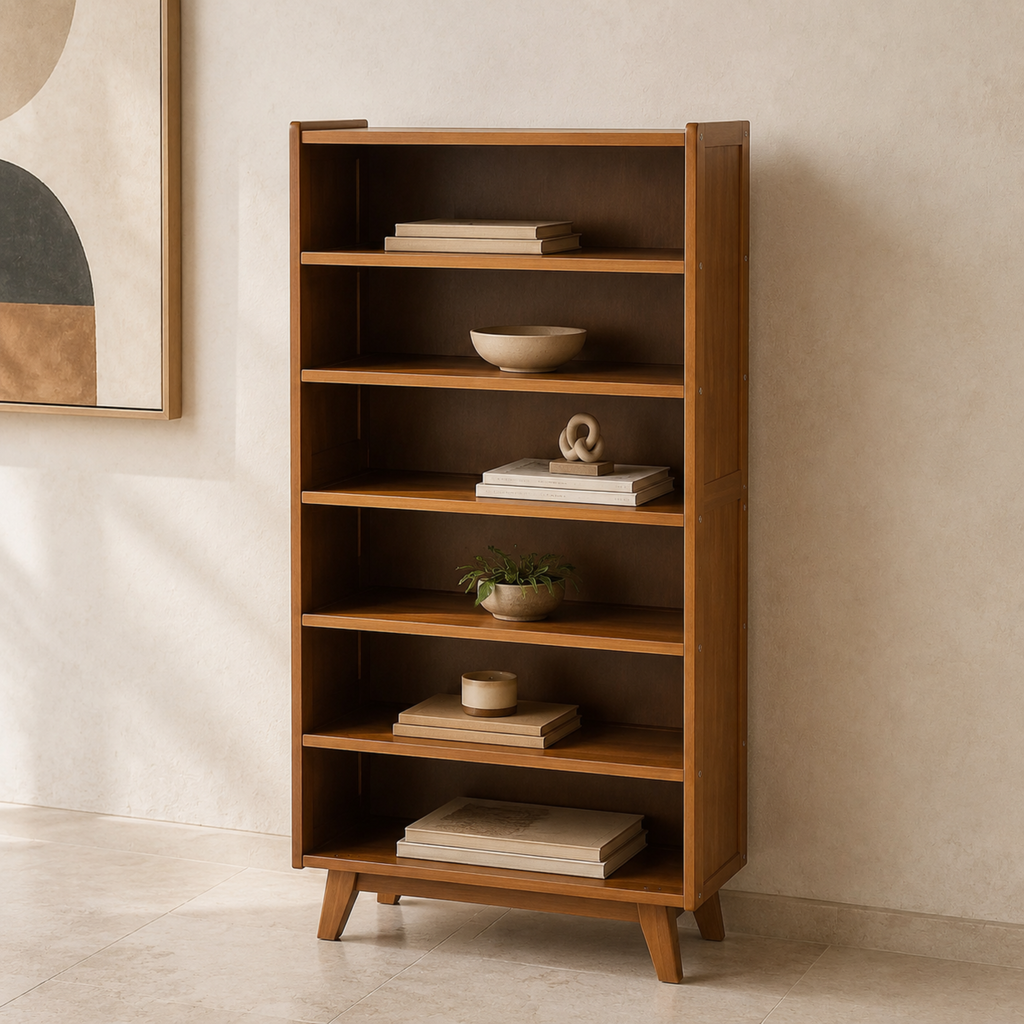 Nordic 6-tier storage and display shelf with books and home décor