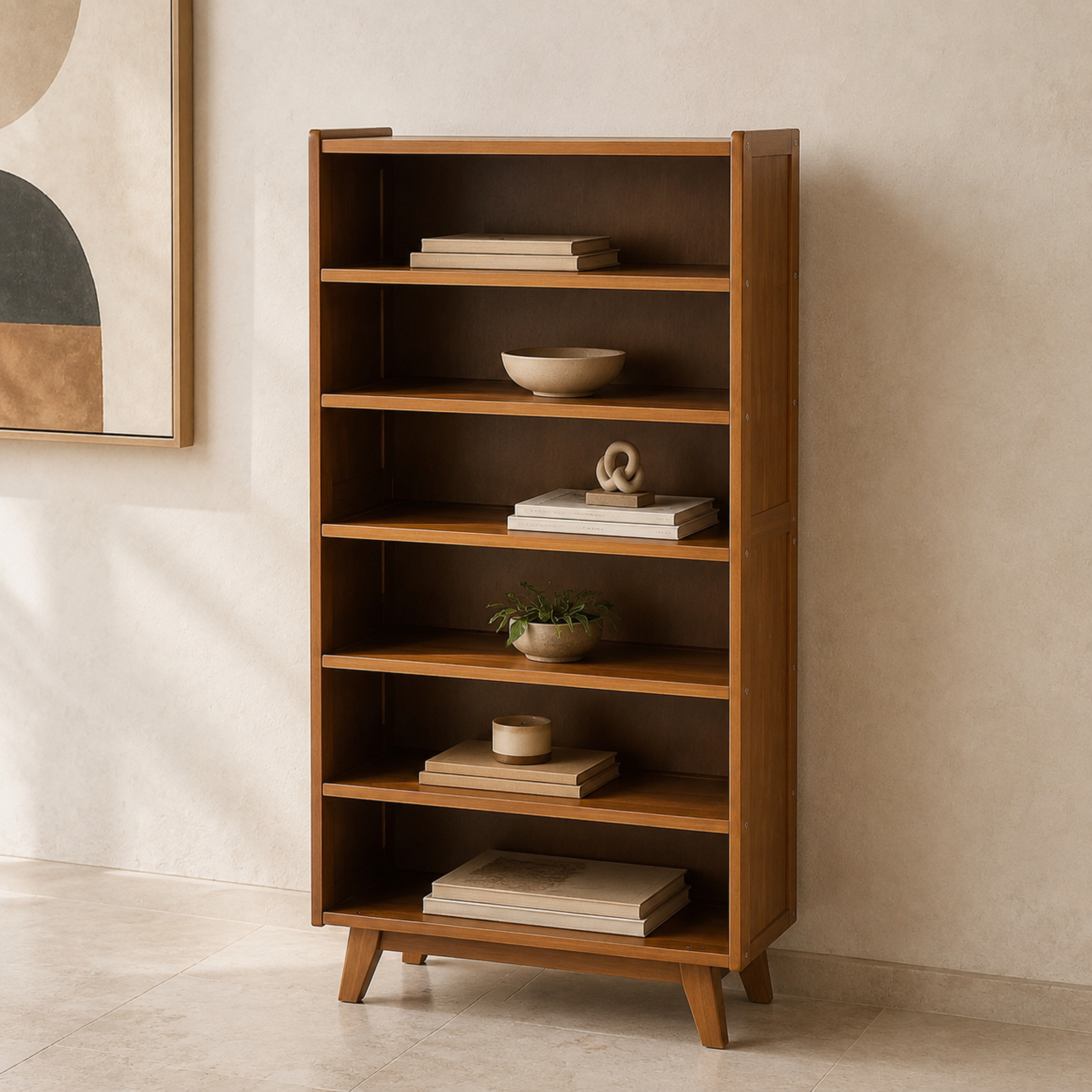 Nordic 6-tier storage and display shelf with books and home décor