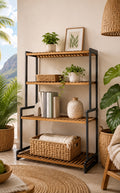 Open Slat Organizer 4-tier storage shelf with black frame and wood-look slatted shelves in Mauritius