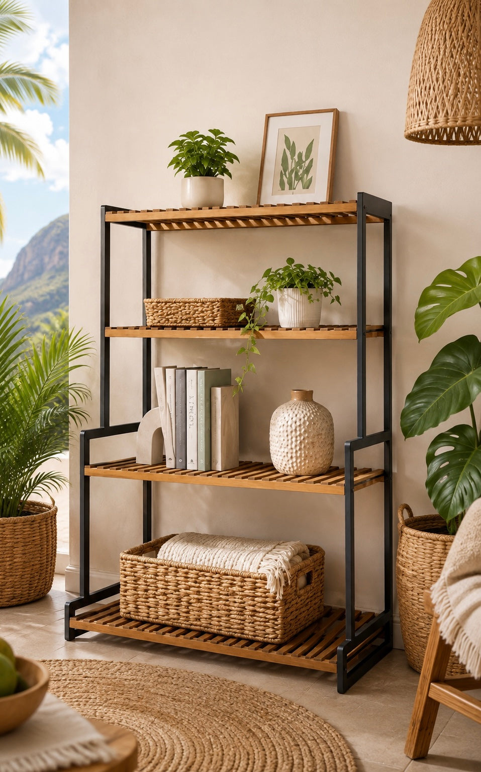 Open Slat Organizer 4-tier storage shelf with black frame and wood-look slatted shelves in Mauritius