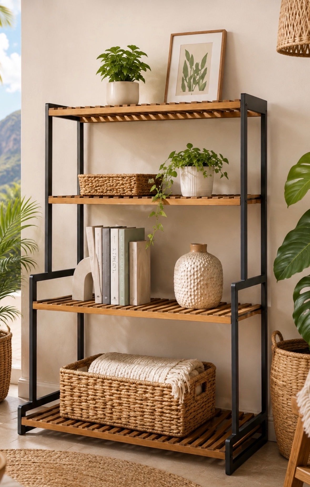 Open Slat Organizer 4-tier storage shelf with black frame and wood-look slatted shelves in Mauritius2