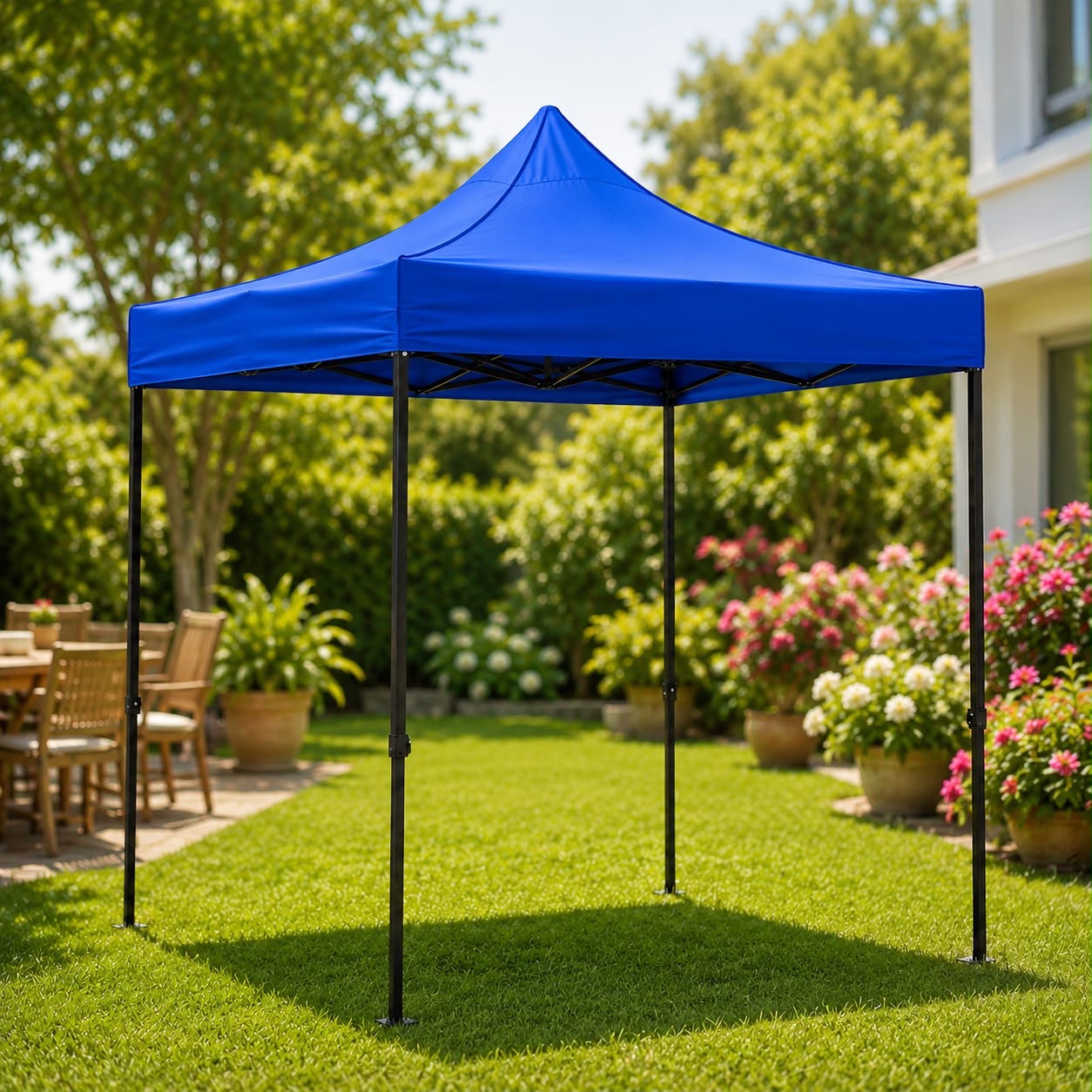 Blue outdoor garden chapiteau with metal frame in garden setting – China Home Store Mauritius