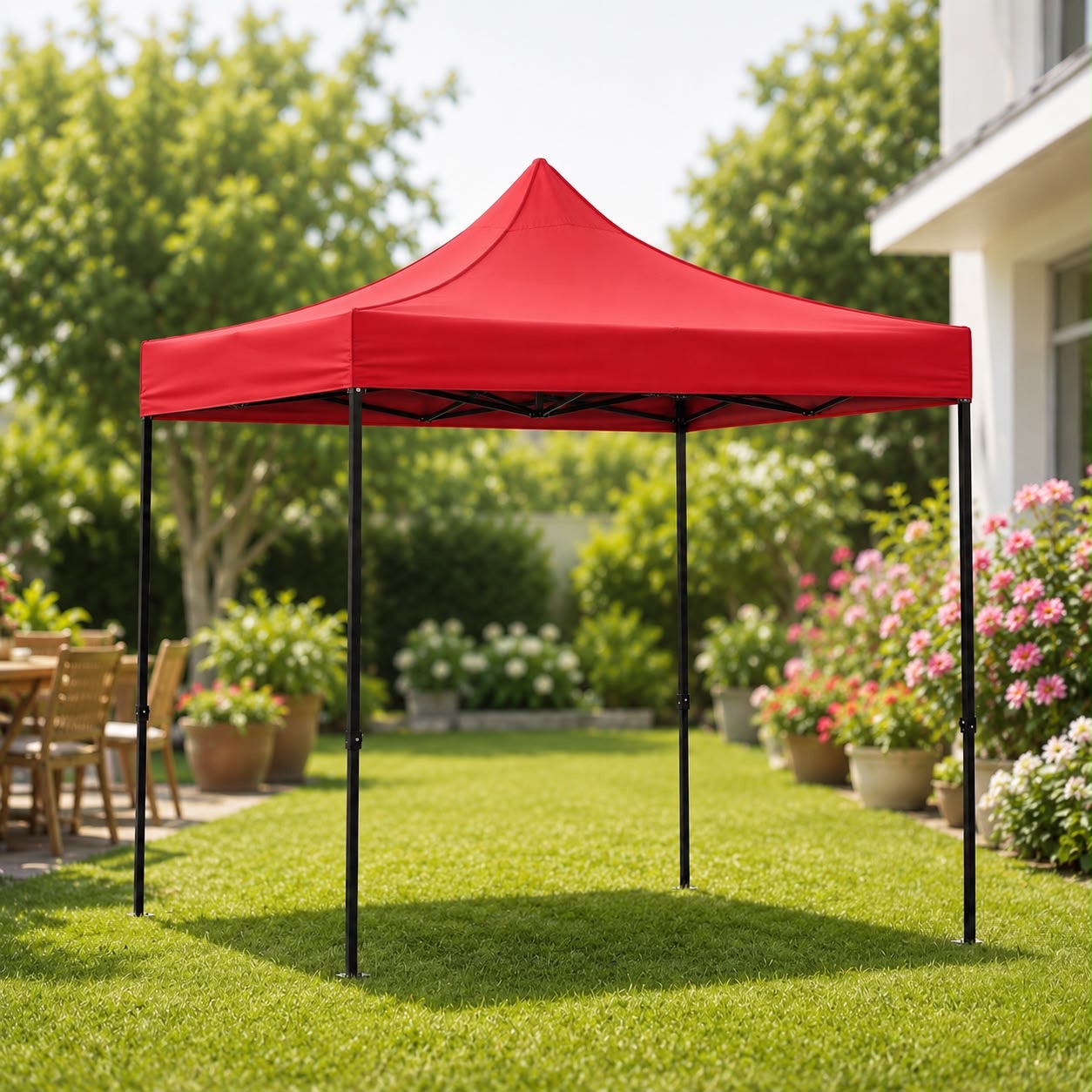 Red outdoor garden chapiteau with metal frame in garden setting – China Home Store Mauritius