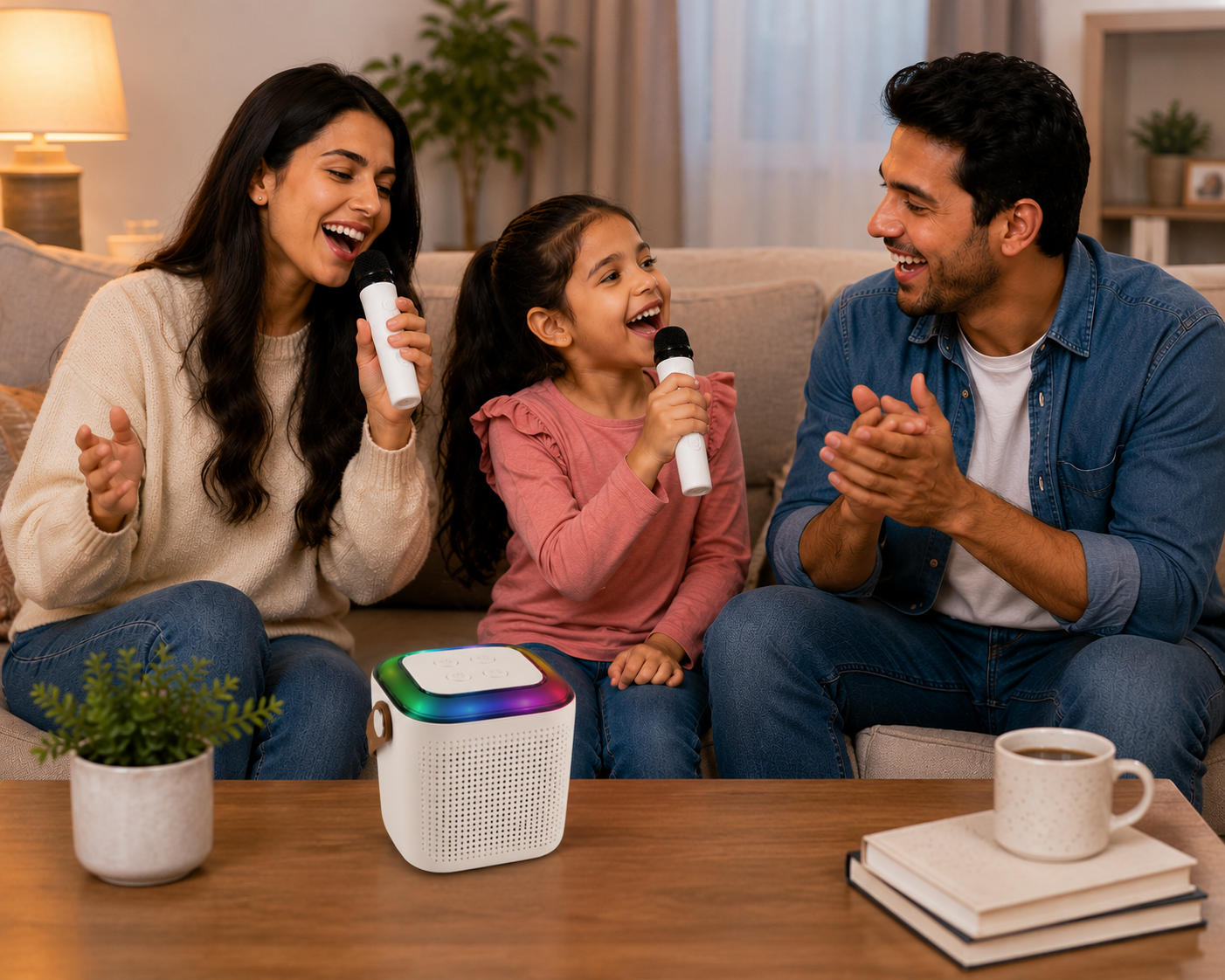 Family enjoying music with a portable Bluetooth karaoke speaker
