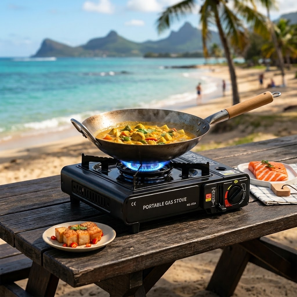 Portable gas stove for camping and outdoor cooking with adjustable flame control and cookware support.