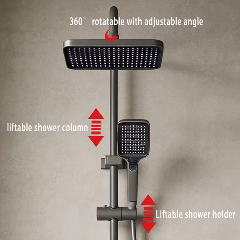 Close-up of the mixer on a dark grey rainfall shower set