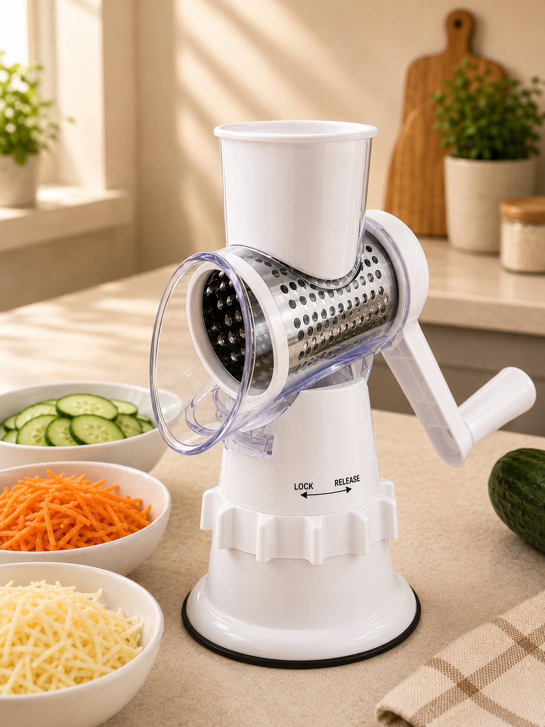 Rotary Drum Vegetable Slicer – Sumo Slicer with interchangeable drum blades for slicing, shredding, and grating vegetables, cheese, fruits, and other ingredients.1
