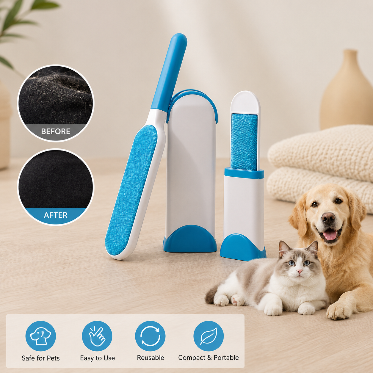 Self-Cleaning Pet Hair Remover Brush removing dog and cat fur from a sofa
