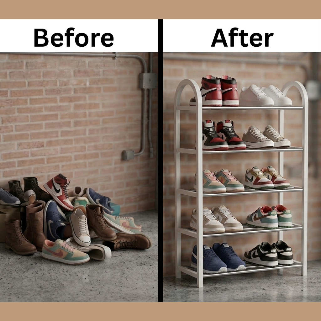 Before and after shoe organization using a 5-tier metal shoe storage rack
