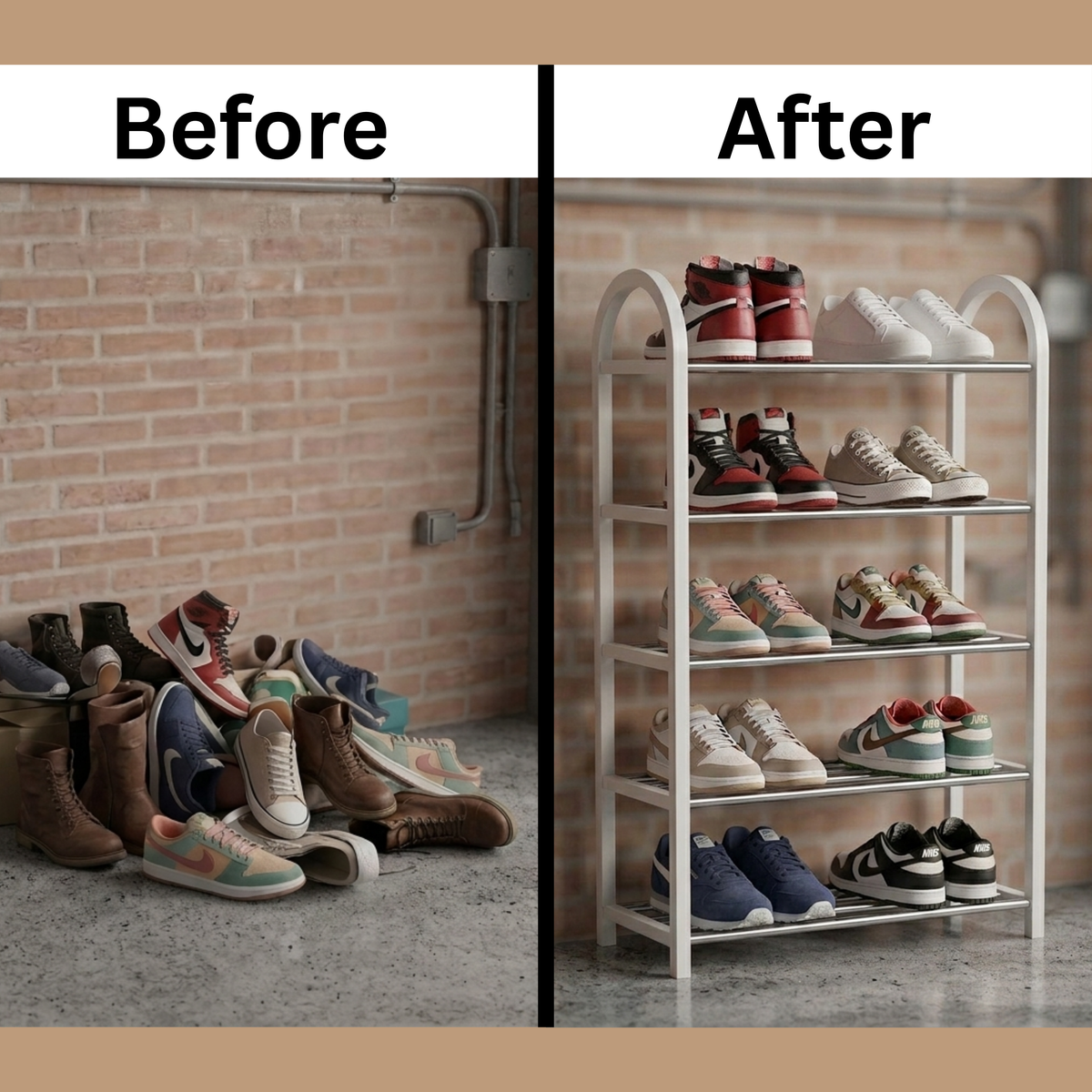 Before and after shoe organization using a 5-tier metal shoe storage rack