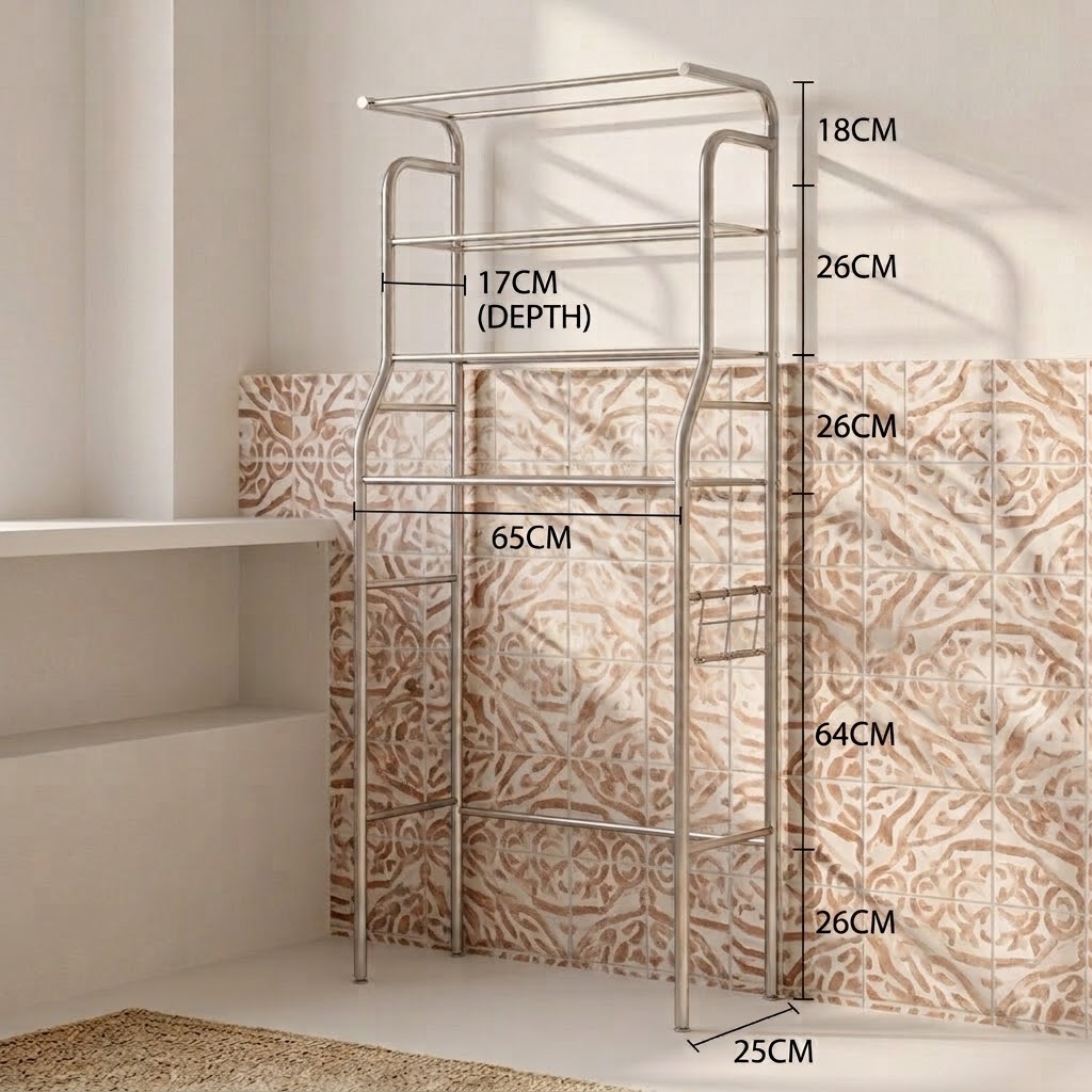 Stainless steel over-washing-machine laundry rack measurement diagram with 65 cm internal width and 17 cm shelf depth.