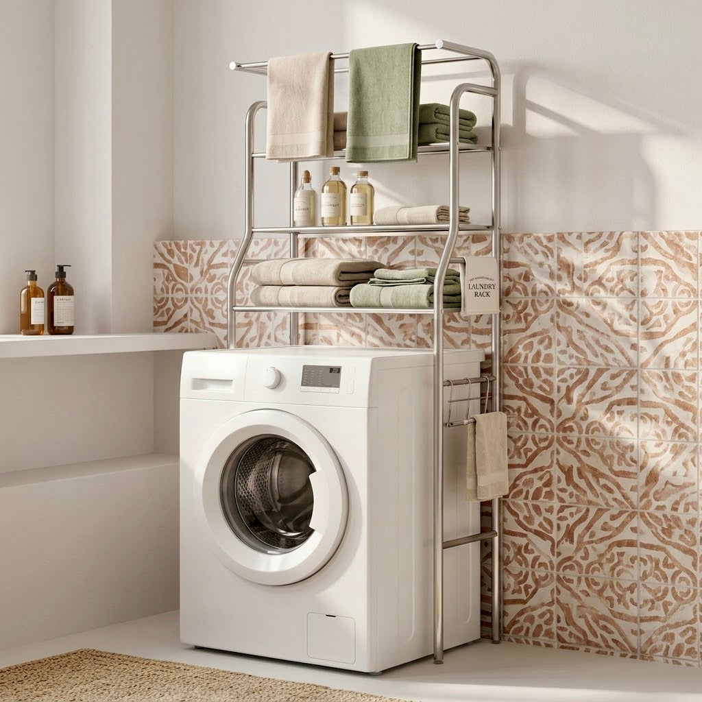 Stainless steel laundry rack over washing machine with shelves and hanging rail for towels and laundry essentials.