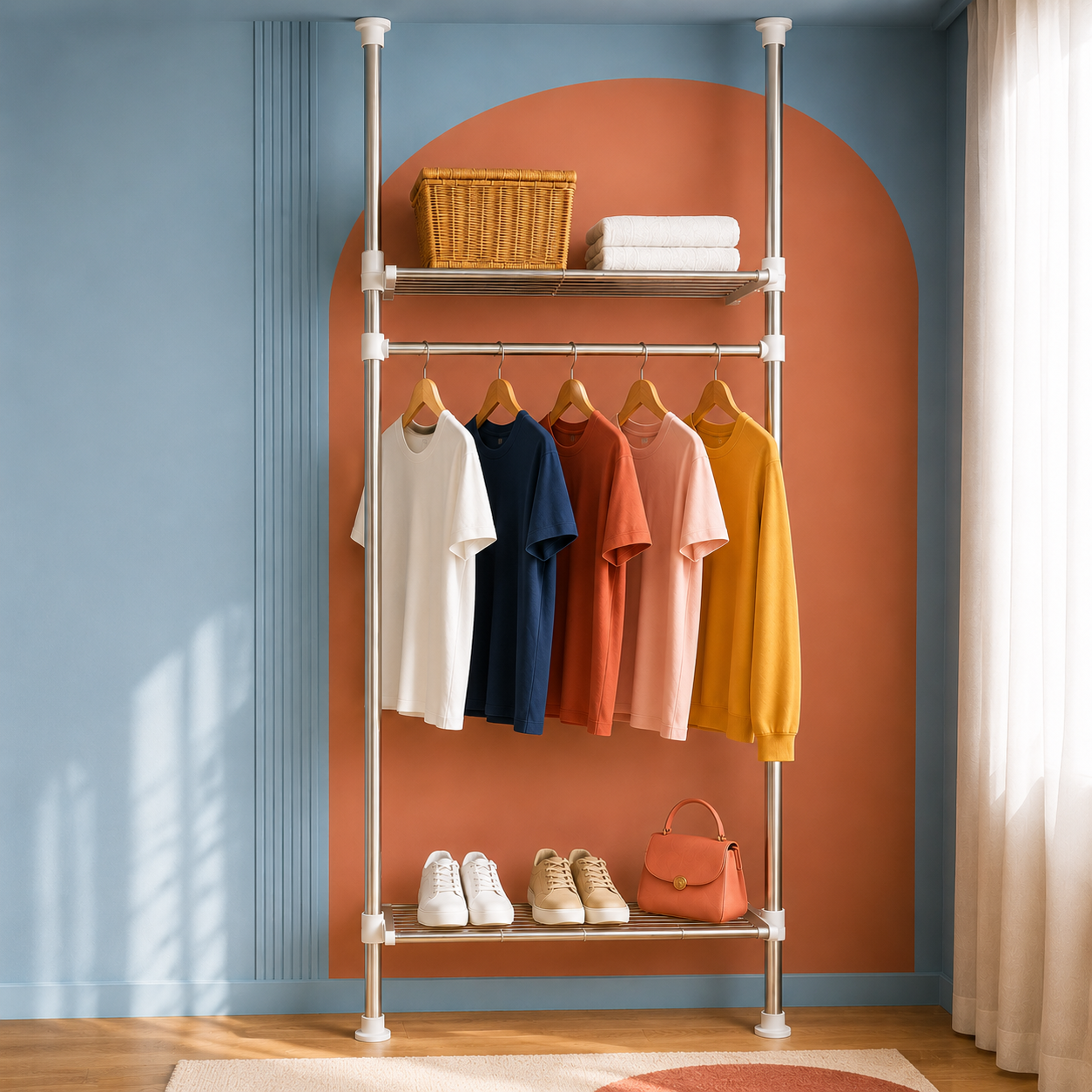 Telescopic clothes rack with hanging rail and storage shelves in Mauritius