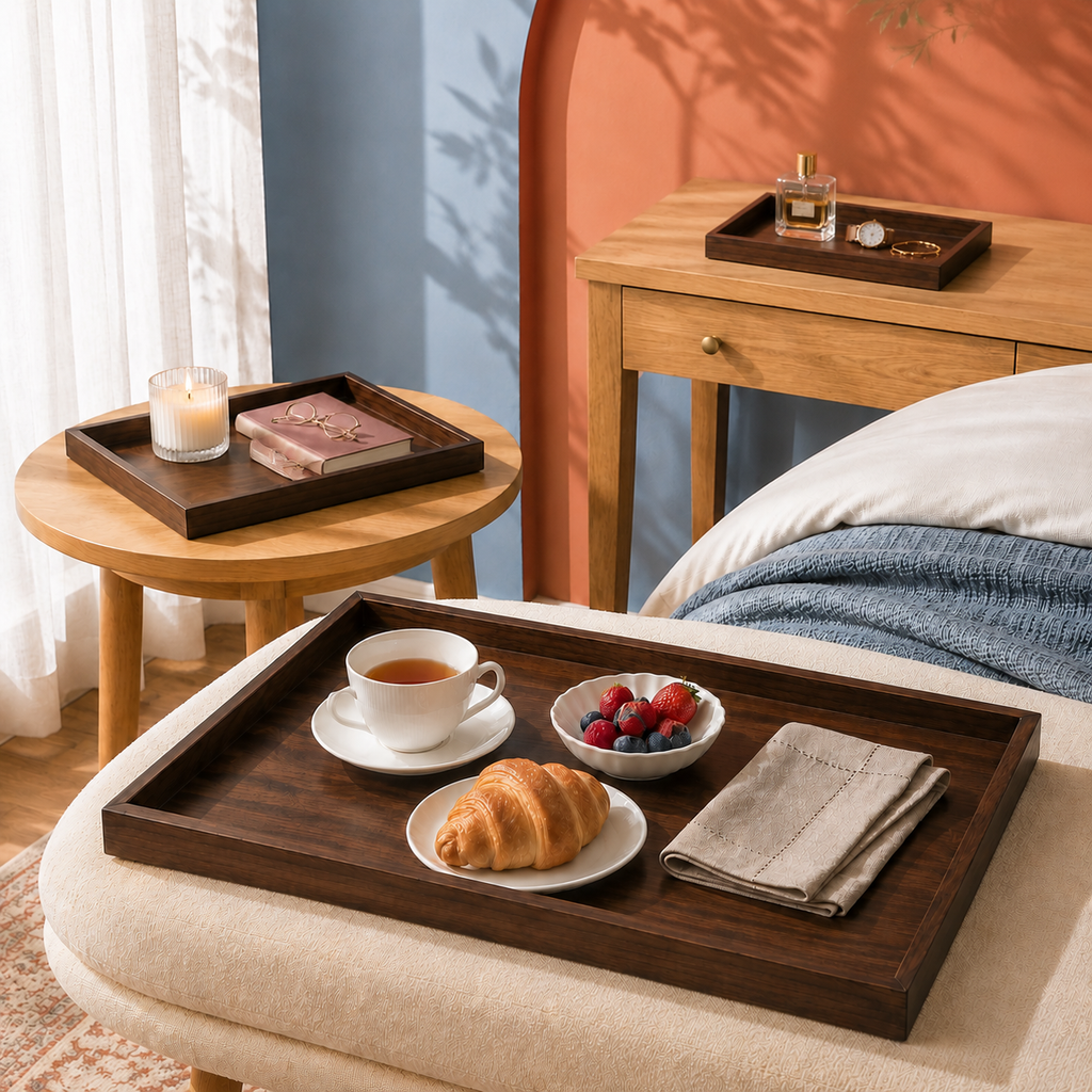 The Walnut Trio 3-piece brown serving tray set for tea, coffee and breakfast in Mauritius