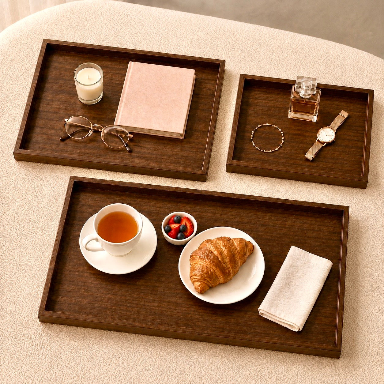 The Walnut Trio 3-piece brown serving trays for breakfast, drinks and home organisation in Mauritius