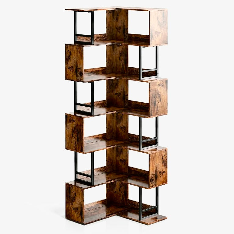 Urban Shelf multi-level corner storage and display shelf in brown and black for home organisation in white background