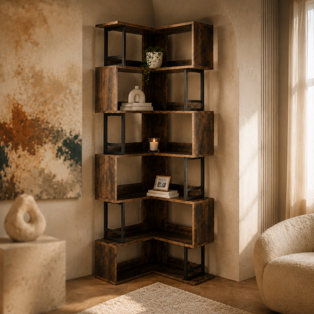 Urban Shelf multi-level corner storage and display shelf in brown and black for home organisation2