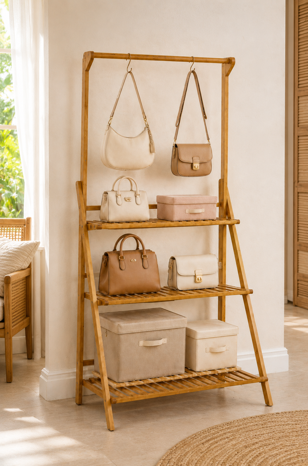 Verona Shelf freestanding storage shelf with hanging rail for handbags, accessories and storage baskets
