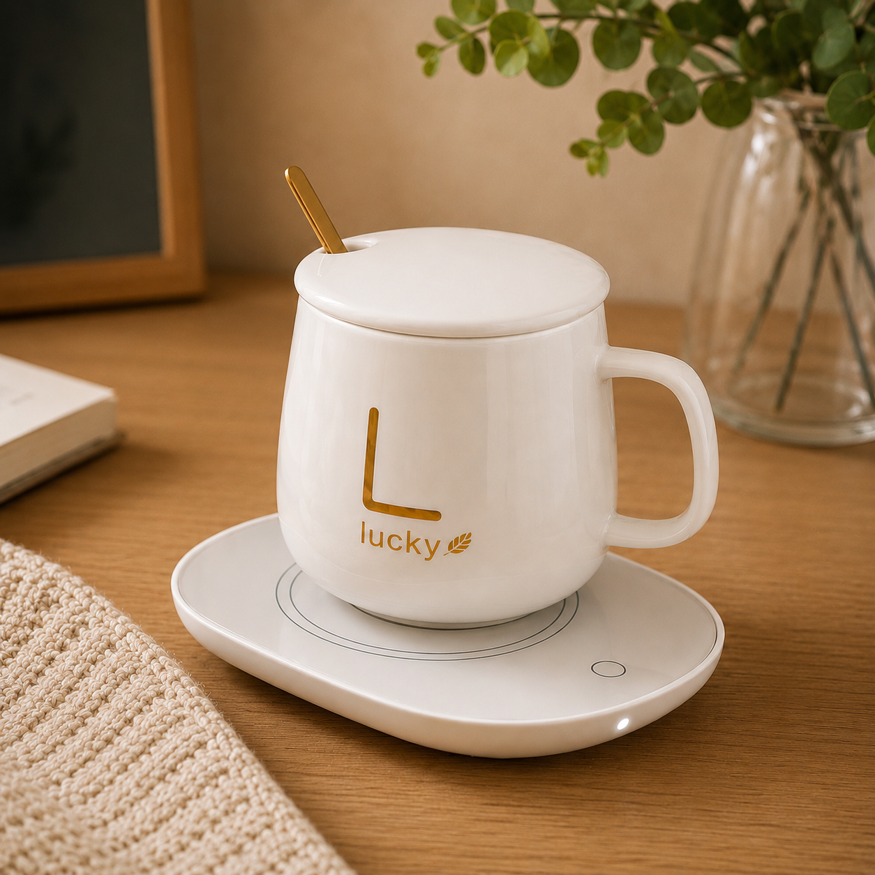 White ceramic mug with lid, gold spoon, and electric mug warmer on a wooden desk.
