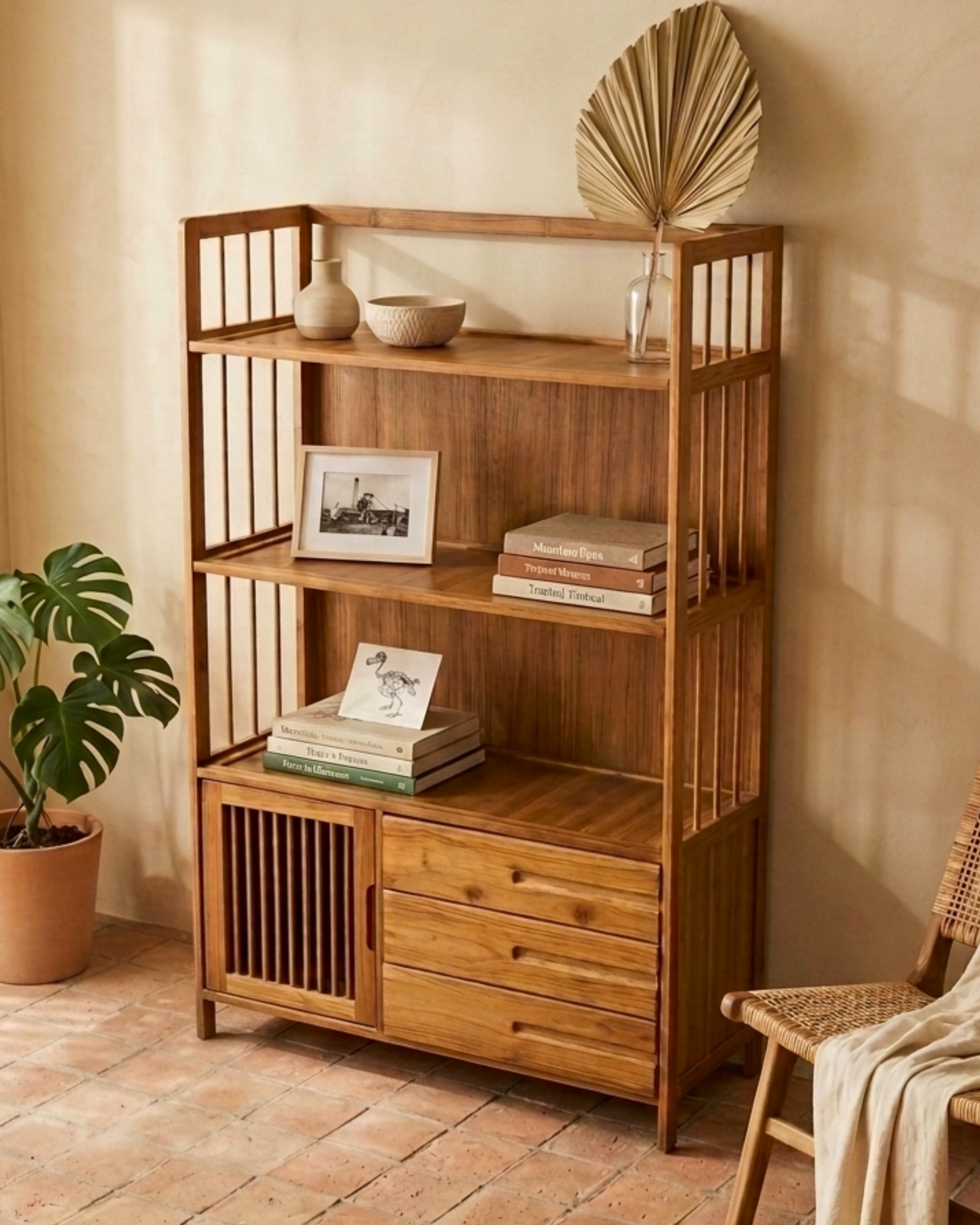 Wooden storage console with open shelves, two drawers and cabinet 25 x 68 x 110 cm