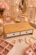 Wooden desktop organizer with two drawers and an open storage shelf for organizing makeup, office supplies, jewelry, skincare products, keys, and everyday essentials.