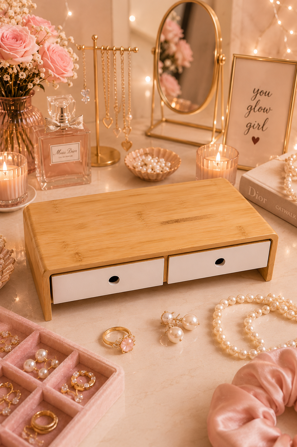 Wooden desktop organizer with two drawers and an open storage shelf for organizing makeup, office supplies, jewelry, skincare products, keys, and everyday essentials.
